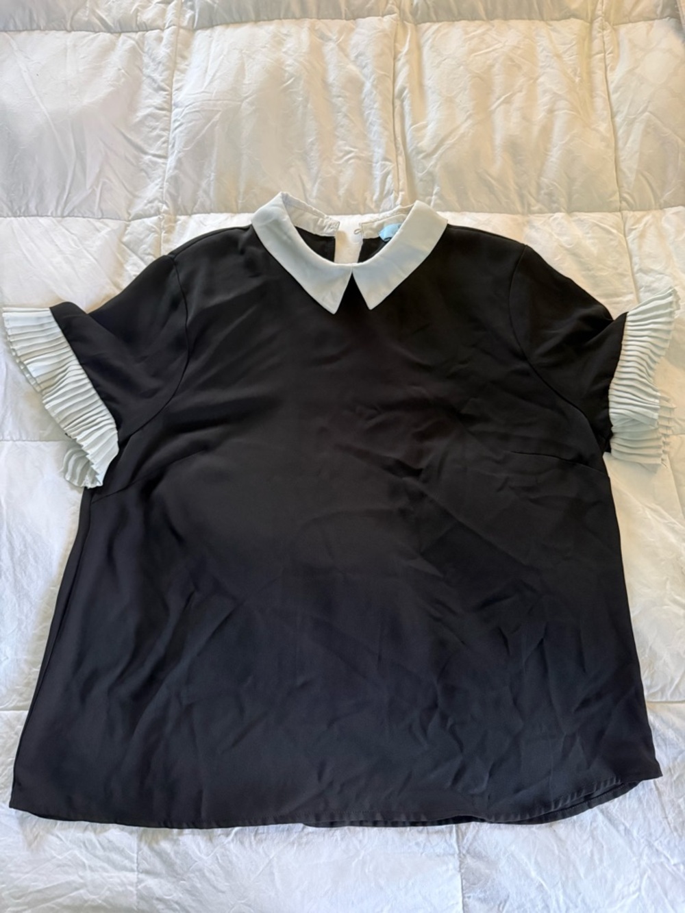 CeCe Black Short-Sleeve Blouse with White Peter Pan Collar and Pleated Cuffs